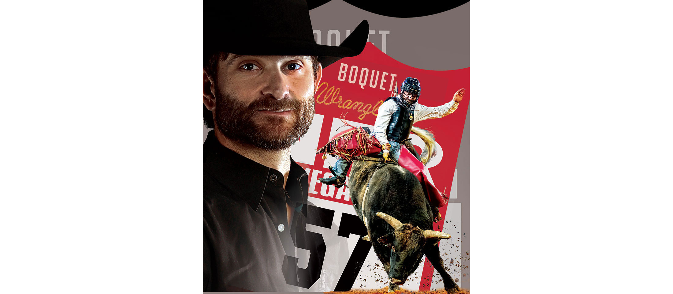 A photo collage of bull rider, Dustin Boquet, riding a bull placed over his NFR back number and his headshot. 